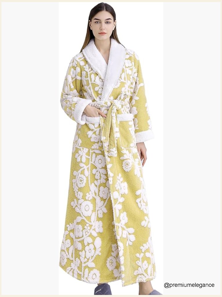 Long Plush Sherpa Fleece Robe Warm Cozy Bathrobe Jacquard Pattern